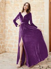 Plunging V-Neck Long Sleeve Velvet Dress Grape Plus Size