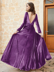 Plunging V-Neck Long Sleeve Velvet Dress Grape