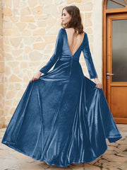 Plunging V-Neck Long Sleeve Velvet Dress Ink Blue Plus Size