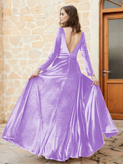 Plunging V-Neck Long Sleeve Velvet Dress Lilac