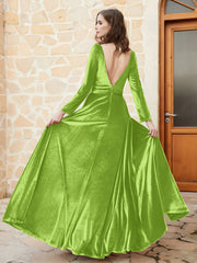 Plunging V-Neck Long Sleeve Velvet Dress Lime Green