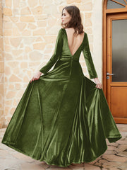 Plunging V-Neck Long Sleeve Velvet Dress Olive Green