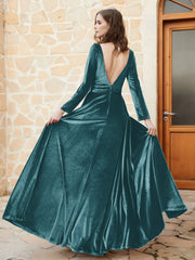 Plunging V-Neck Long Sleeve Velvet Dress Peacock