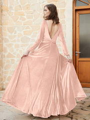Plunging V-Neck Long Sleeve Velvet Dress Pearl Pink