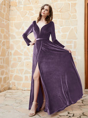 Plunging V-Neck Long Sleeve Velvet Dress Plum Plus Size