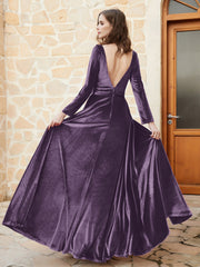 Plunging V-Neck Long Sleeve Velvet Dress Plum
