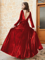 Plunging V-Neck Long Sleeve Velvet Dress Red