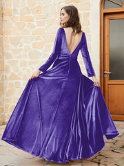 Plunging V-Neck Long Sleeve Velvet Dress Regency