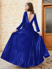 Plunging V-Neck Long Sleeve Velvet Dress Royal Blue