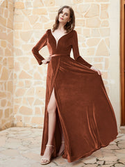 Plunging V-Neck Long Sleeve Velvet Dress Rust