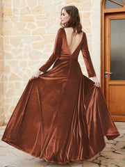 Plunging V-Neck Long Sleeve Velvet Dress Rust