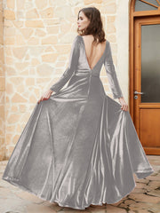 Plunging V-Neck Long Sleeve Velvet Dress Silver