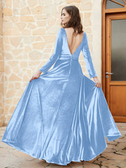 Plunging V-Neck Long Sleeve Velvet Dress Sky Blue