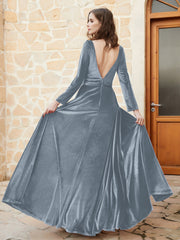 Plunging V-Neck Long Sleeve Velvet Dress Slate Blue