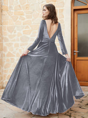 Plunging V-Neck Long Sleeve Velvet Dress Steel Grey