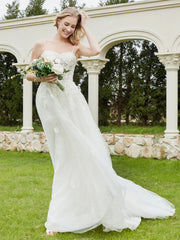 Spaghetti Straps Lace Sweep Train Wedding Dress Ivory