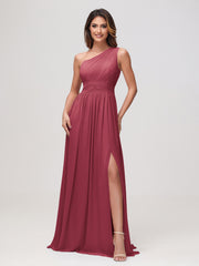 One Shoulder Sleeveless Ruched Chiffon A-line Dress Cinnamon Rose
