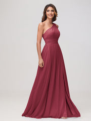 One Shoulder Sleeveless Ruched Chiffon A-line Dress Cinnamon Rose