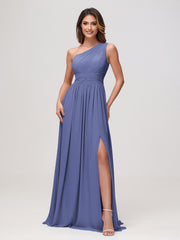 One Shoulder Sleeveless Ruched Chiffon A-line Dress Periwinkle