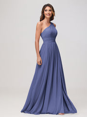 One Shoulder Sleeveless Ruched Chiffon A-line Dress Periwinkle