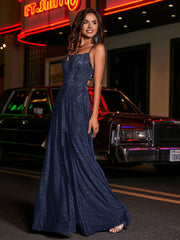 A-line Square Floor length Jersey Gown Dark Navy Plus Size