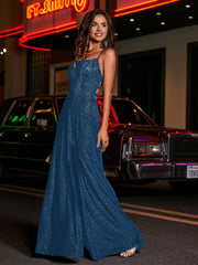 A-line Square Floor length Jersey Gown Ink Blue Plus Size