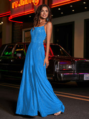 A-line Square Floor length Jersey Gown Ocean Blue Plus Size