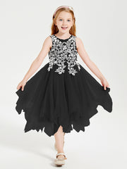 Tea Length Tulle Junior Bridesmaid Dresses Black