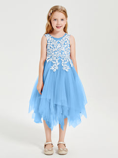 Tea Length Tulle Junior Bridesmaid Dresses Blue