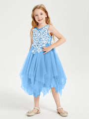 Tea Length Tulle Junior Bridesmaid Dresses Blue
