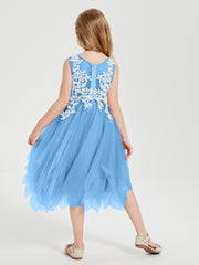 Tea Length Tulle Junior Bridesmaid Dresses Blue