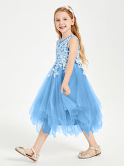 Tea Length Tulle Junior Bridesmaid Dresses Blue