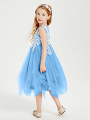 Tea Length Tulle Junior Bridesmaid Dresses Blue