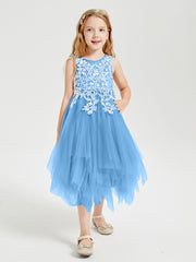 Tea Length Tulle Junior Bridesmaid Dresses Blue