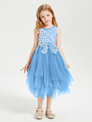 Tea Length Tulle Junior Bridesmaid Dresses Blue