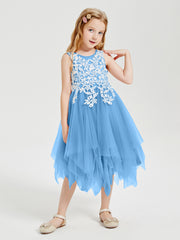 Tea Length Tulle Junior Bridesmaid Dresses Blue