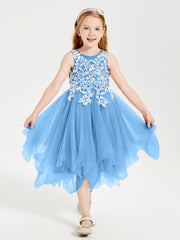 Tea Length Tulle Junior Bridesmaid Dresses Blue