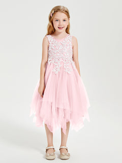 Tea Length Tulle Junior Bridesmaid Dresses Blushing Pink