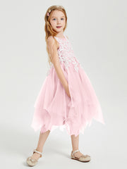 Tea Length Tulle Junior Bridesmaid Dresses Blushing Pink