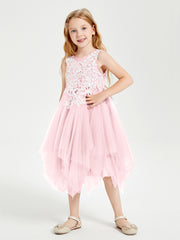 Tea Length Tulle Junior Bridesmaid Dresses Blushing Pink