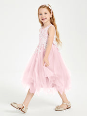 Tea Length Tulle Junior Bridesmaid Dresses Blushing Pink