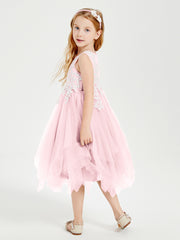 Tea Length Tulle Junior Bridesmaid Dresses Blushing Pink