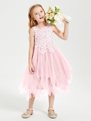 Tea Length Tulle Junior Bridesmaid Dresses Blushing Pink