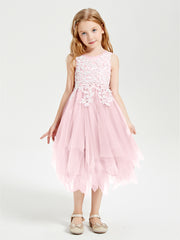 Tea Length Tulle Junior Bridesmaid Dresses Blushing Pink