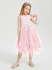 Tea Length Tulle Junior Bridesmaid Dresses Blushing Pink