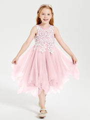 Tea Length Tulle Junior Bridesmaid Dresses Blushing Pink