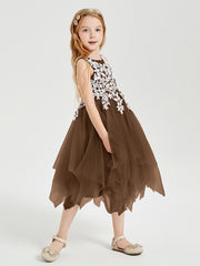 Tea Length Tulle Junior Bridesmaid Dresses Brown