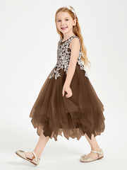 Tea Length Tulle Junior Bridesmaid Dresses Brown