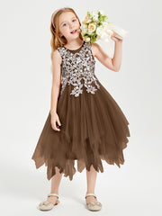 Tea Length Tulle Junior Bridesmaid Dresses Brown