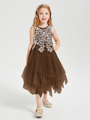 Tea Length Tulle Junior Bridesmaid Dresses Brown